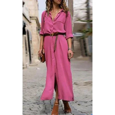 warmmeta-Summer Button Side Split Long Dress Women Solid Casual Loose Dress Ladies Long Sleeve Midi Dresses 2024 Luxuri Even Dress