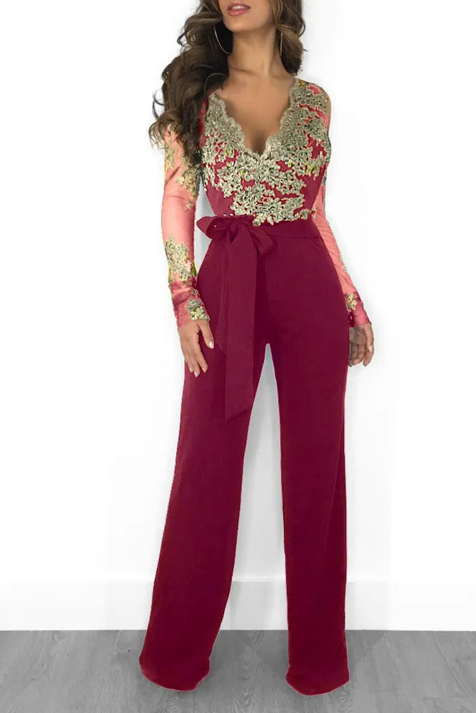 Jumpsuit Overalls Sexy Women Wide Leg Pant Lace Elegant Straight Party Jumpsuit Rompers Slash Neck Work Autumn Bodysuit Pants