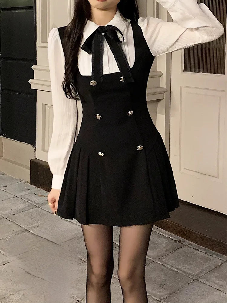 2022 Autumn Fake Two Dress Women Slim Chic Long Sleeve Bow Casual Y2k Mini Dress Female Korean Fashion Elegant Short Party Dress