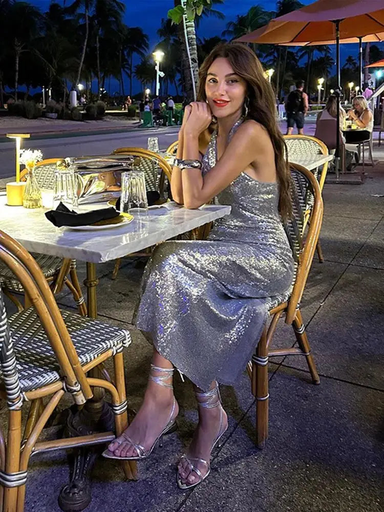 Picsgirl -  Women Backless Metal Sequins Dresses Sexy Silver Sleeveless Shinny Halter Vestidos Female Christmas Banquet Evening Robes