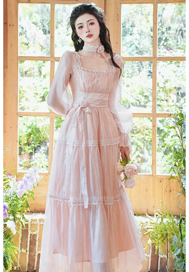 Rosepetal River Fairycore Princess Dress with Choker Necklace