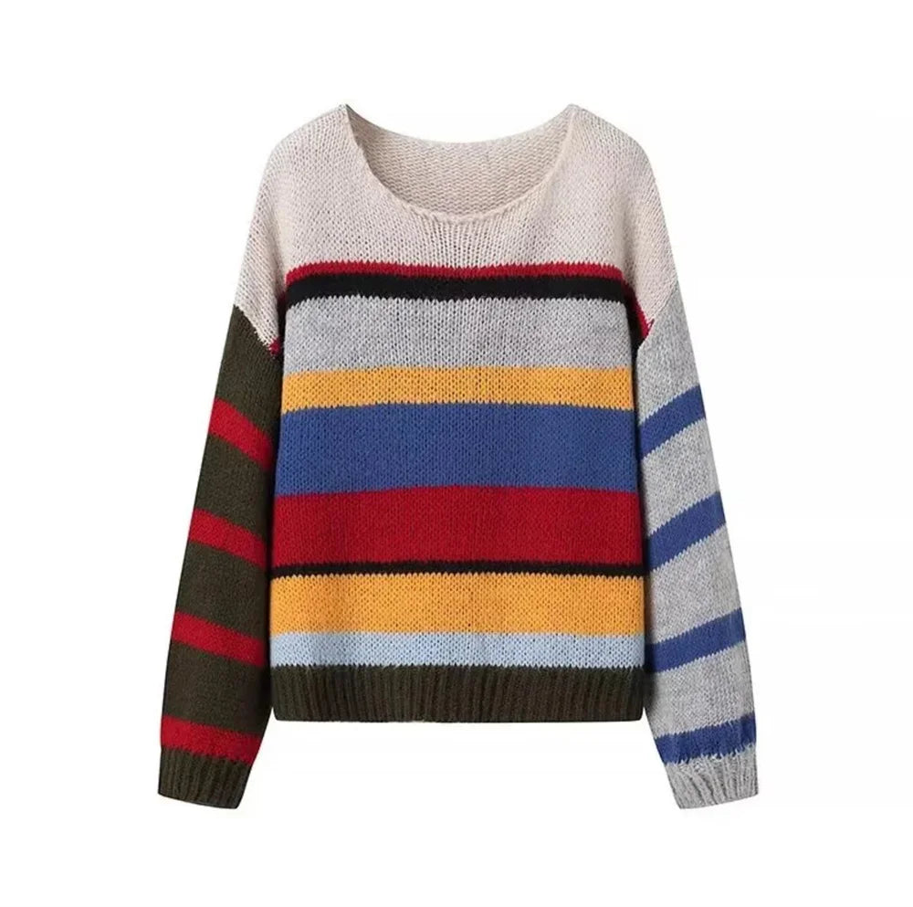 Fashion Knitted Colorful Striped Oversize Sweater For Women Autumn Winter Lantern Long Sleeve Casual Sweater