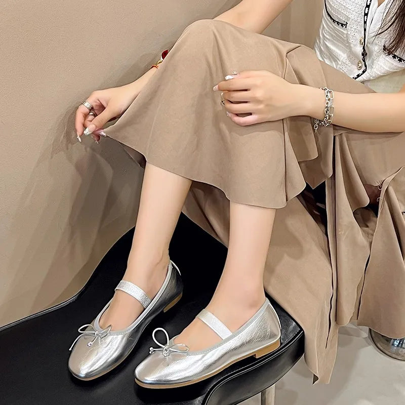 Glitter Silver Bowtie Flats Shoes Women Round Toe Patchwork Plaid Leather Loafers   Flat Shoes Women