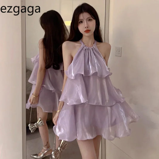 WARMMETA Woman Dress Elegant Sweet Sleeveless Ruffles Mesh Loose Summer New Cake Mini Dresses Solid Sexy Female Casual Fairy