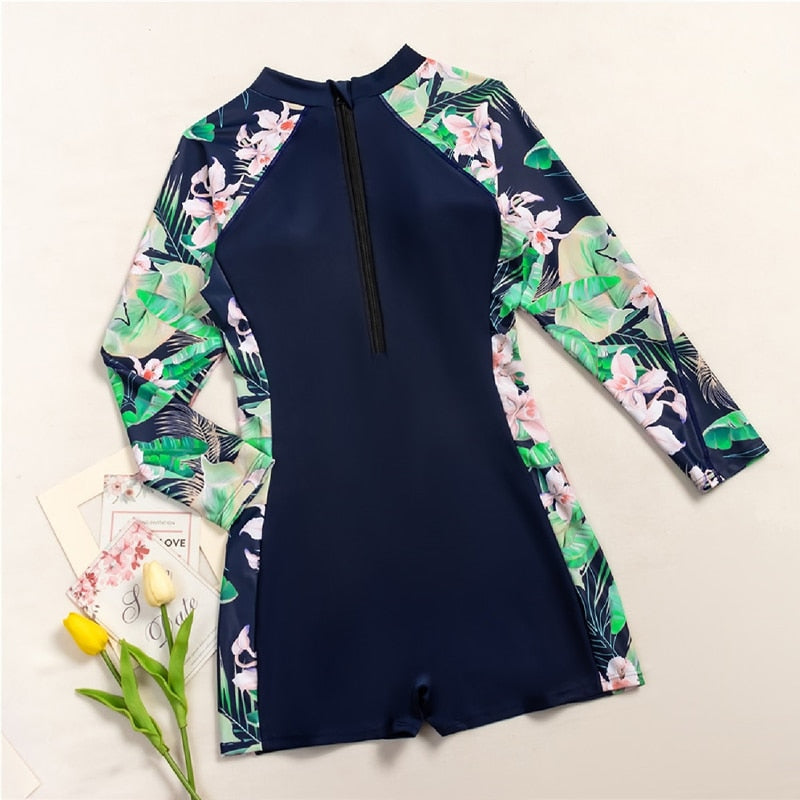 One Piece Long Sleeves Swimsuit Women Female Zipper Surf Bodysuit Floral Swimwear Girl Sun Protection Bathing Swimming Suit