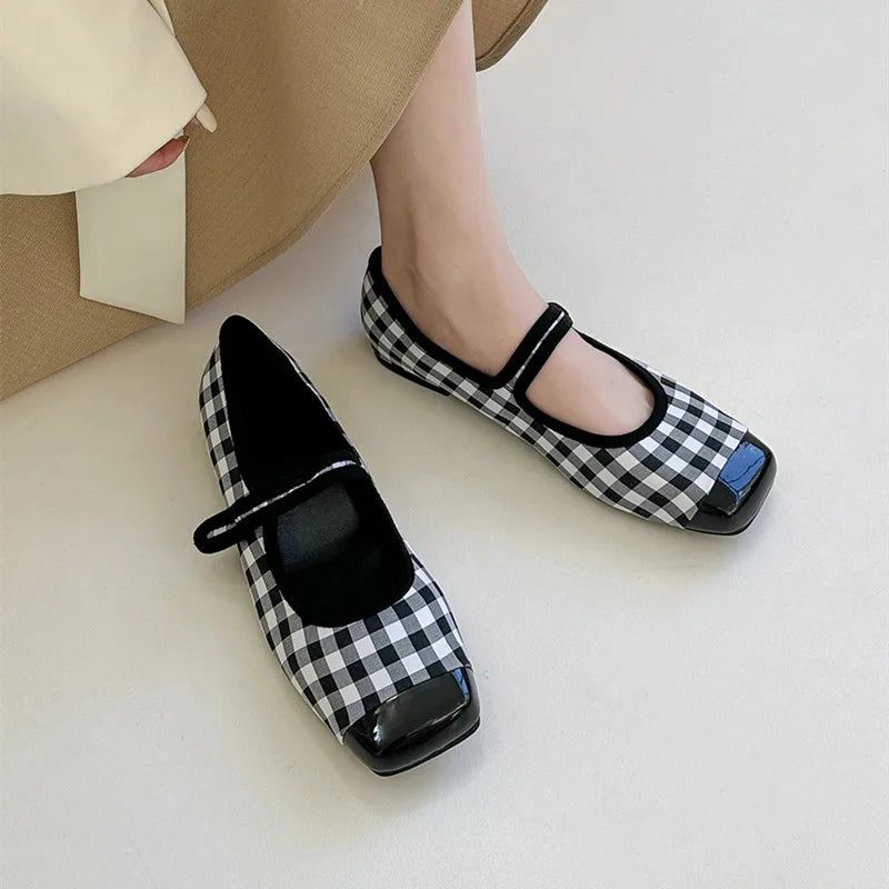 Picsgirl  -  Brand New Women Flats Square Toe Retro Single Shoes Buckle Checkerboard Mary Jane Shoes Soft Ballerina Flats Mujer