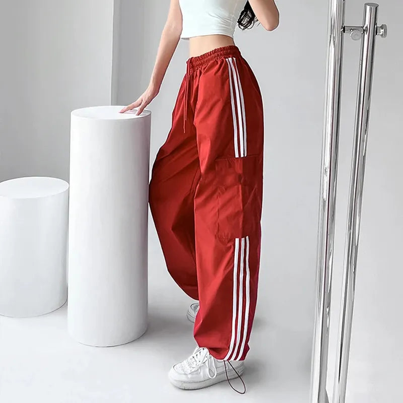 MEXZT Striped Sweatpants Women Hip Hop Streetwear Baggy Wide Leg Cargo Pants Bf Y2K High Waist Drawstring Joggers Trousers