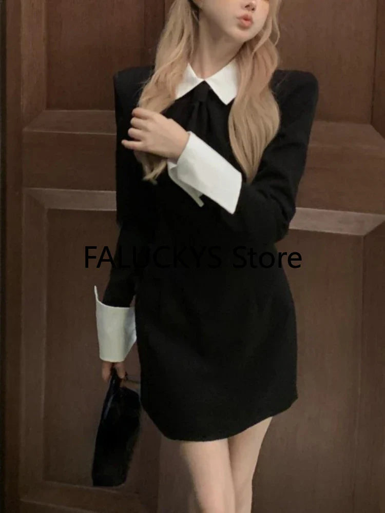 WARMMETA Style Sweet Dresses Women Long Sleeve Autumn Fake Two Piece Patchwork Slim Elegant Dress Chic Office Lady Korean Fahison