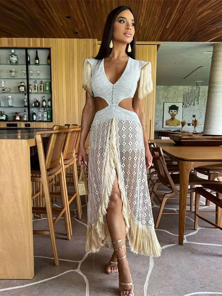 Women V-neck Tassel Patchwork Perspective Midi Dress Sexy Off Shoulder Sleeveless Backless Vestidos Summer New Party Clubwear