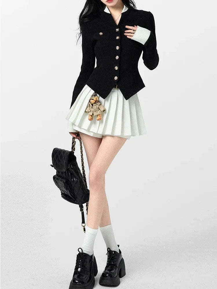 warmmeta Two Piece Set Black Vintage  Women Japanese Short Blazer Coat+mini Skirt Suit Female Casual Korean Fashion Sexy Kawaii Set