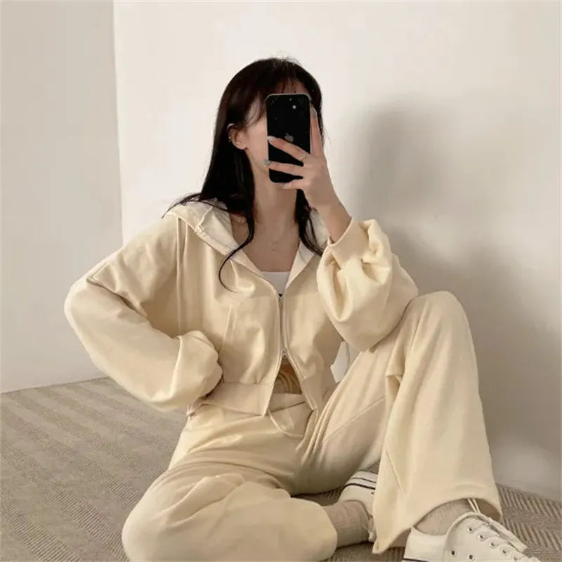 Women Pants Suits 2023 New Fall Korean Style Long Sleeved Zipper Top High Waist Casual Female Loose Sports 2 Piece Pants Sets