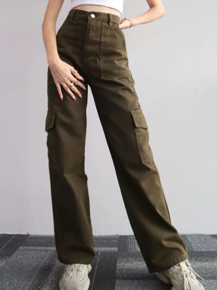 Y2K Women Vintage Cargo Pants Streetwear Techwear Korean Harajuku Parachute Pants Beige Sweatpants Wide Leg Joggers Trousers