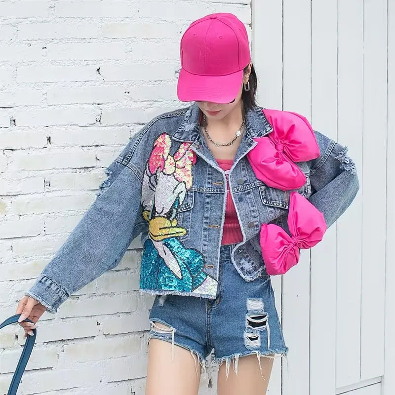 2023 New Women Coat Cartoon Sticker Embroidered Sequin Short Denim Jacket Loose Bowknot Top