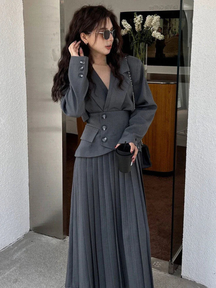 2023 Fashion Designer Vintage 2 Piece Set Women Temperament Office Lady Long Sleeve Coat + Higt Waist Pleated Skirt Blazers Suit