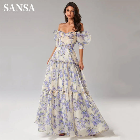 Sansa Sweet فساتين السهرة Blue And White Porcelain Vestidos De Noche Sexy Puffy Sleeve A-line Prom Dress فساتين سهره فاخره