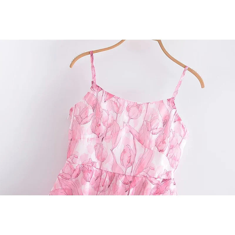 WARMMETA Sweet Women Pink Floral Print Sexy Sling Mini Dress Sleeveless Female A-line Mini Summer Dresses Holiday Robe