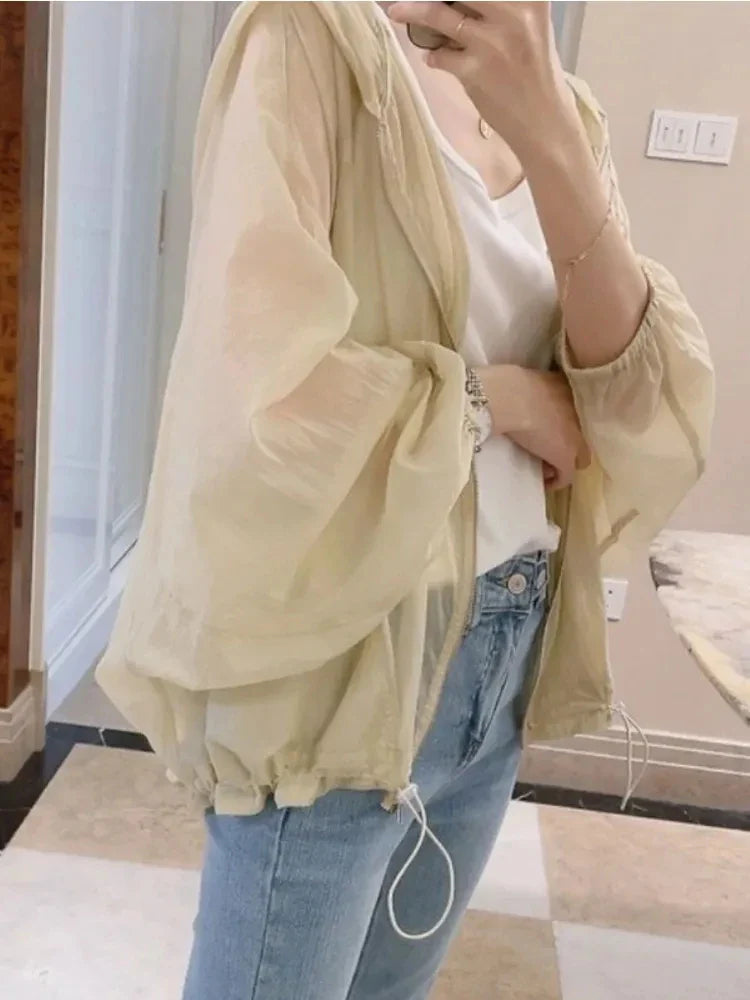 Women Jackets Batwing Sleeve Soft Fashion Summer Hooded Outwear Simple Solid Elegant Sun-proof Ladies Korean  Zipper Tops