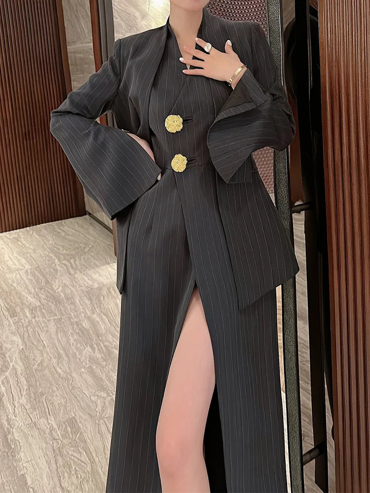 Women's 2 Pieces Sets Fashion Striped Suit Jacket V-neck Sleeveless Single Breasted Slit Dress Autumn 2024 New 