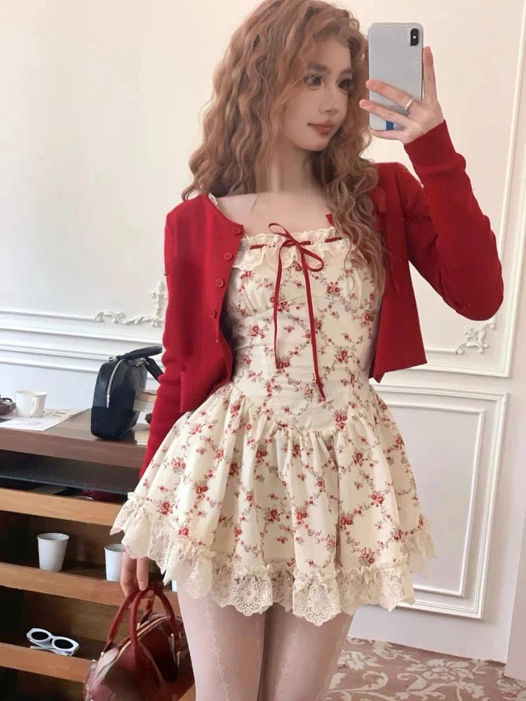 Sweet Floral Dress Set Woman Casual Red Short Cardigan Elegant Lace Y2k Mini Dress Beach Korean Fashion Clothing Suit