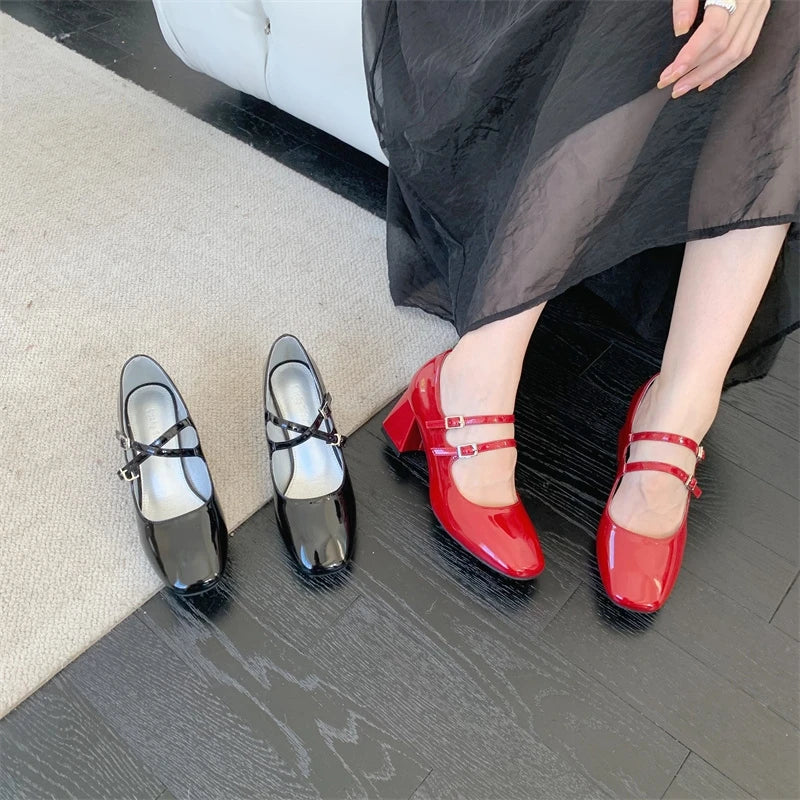 PICSGIRL -  New Spring Korea Flats Fashion Mary Jane Shoes Square Toe Women's Shoes Retro PU Red Black Women Pumps