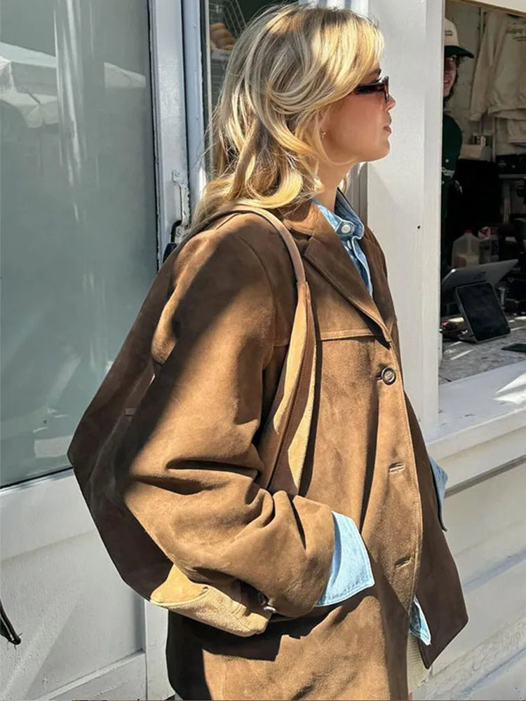 Fashion Brown Lapel With Pocket Jacket Woman Casual Single Breasted Long Sleeve Short Coat 2024 Lady Autumn High Street Outwear