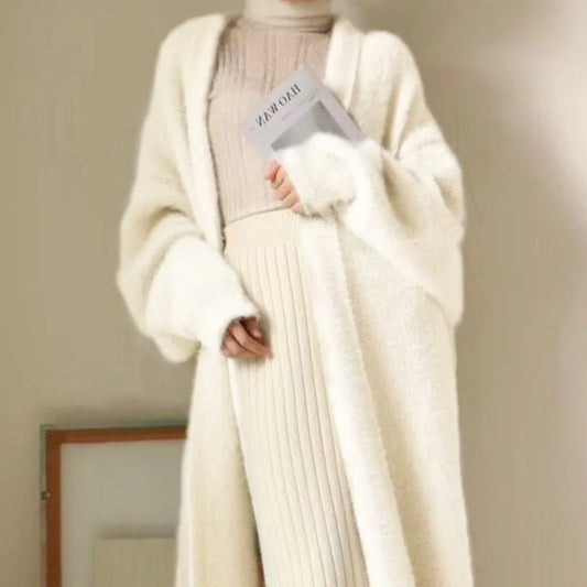 white Long Cardigan for women  new winter clothes Knitted fluffy long sleeve Cashmere sweater coat korean style warm vintage