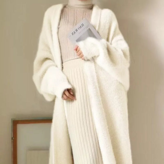 warmmeta-white Long Cardigan for women 2024 winter clothes Knitted fluffy long sleeve Cashmere sweater coat clotkorean style warm vintage