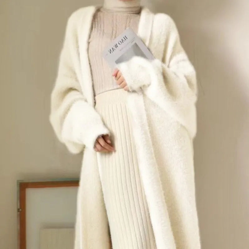 white Long Cardigan for women 2023 winter clothes Knitted fluffy long sleeve Cashmere sweater coat clotkorean style warm vintage