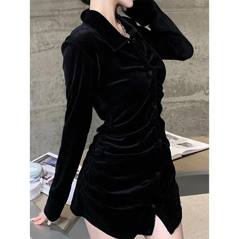 Vintage Shirts Women Black Velvet Pleated Blouses Korean Elegant Folds Turn Down Collar Long Sleeve Slim Chic Casual Tops