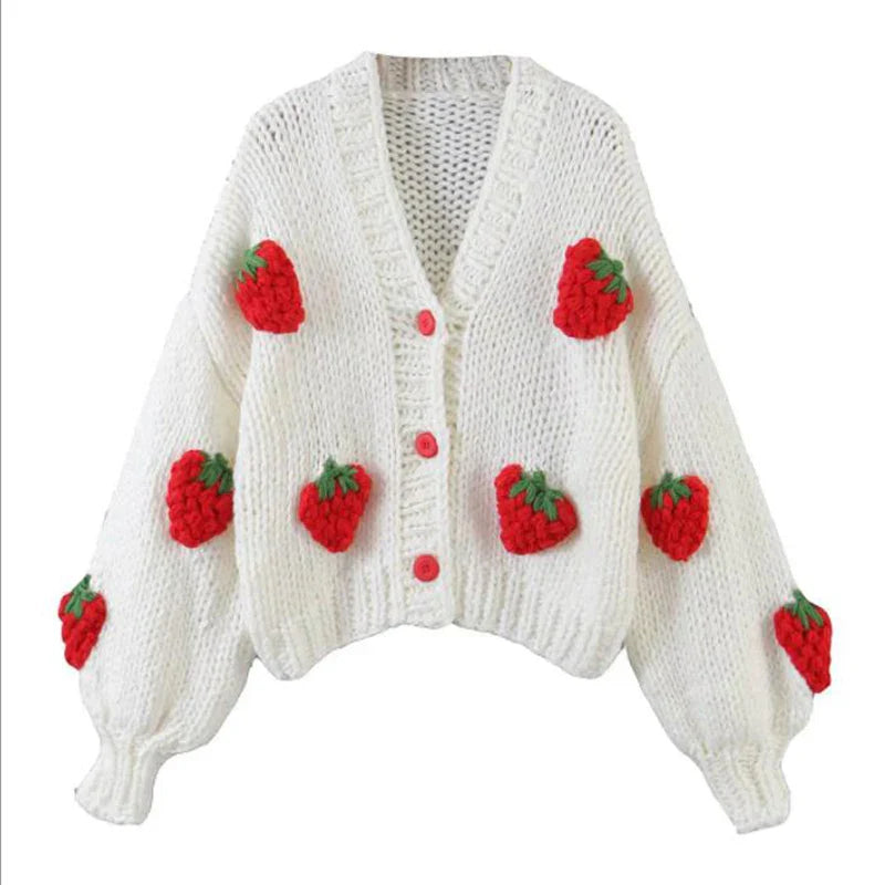 Cute Strawberry Women Cardigan Sweater Winter Loose Fashion V Neck Hand 3D Knitting Ladies Jumper Casual Female Coats New