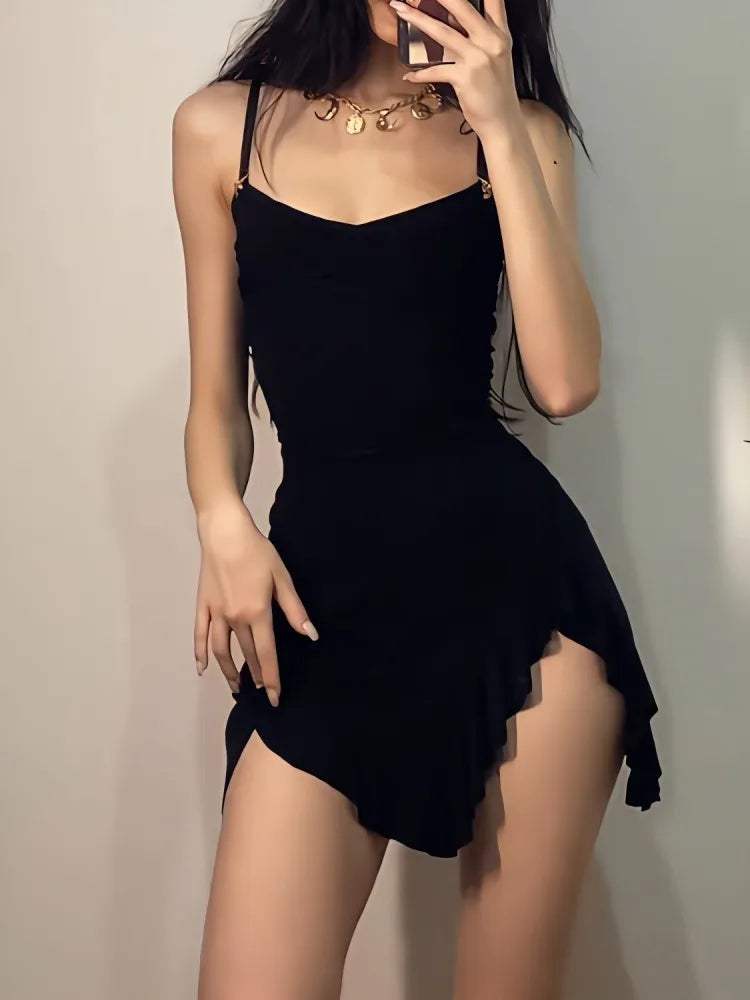 WARMMETA Dark Gothic Sexy Black Dress Women Streetwear Aesthetic Y2k Spaghetti Strap Lace Patchwork Irregular Hem Dress Female