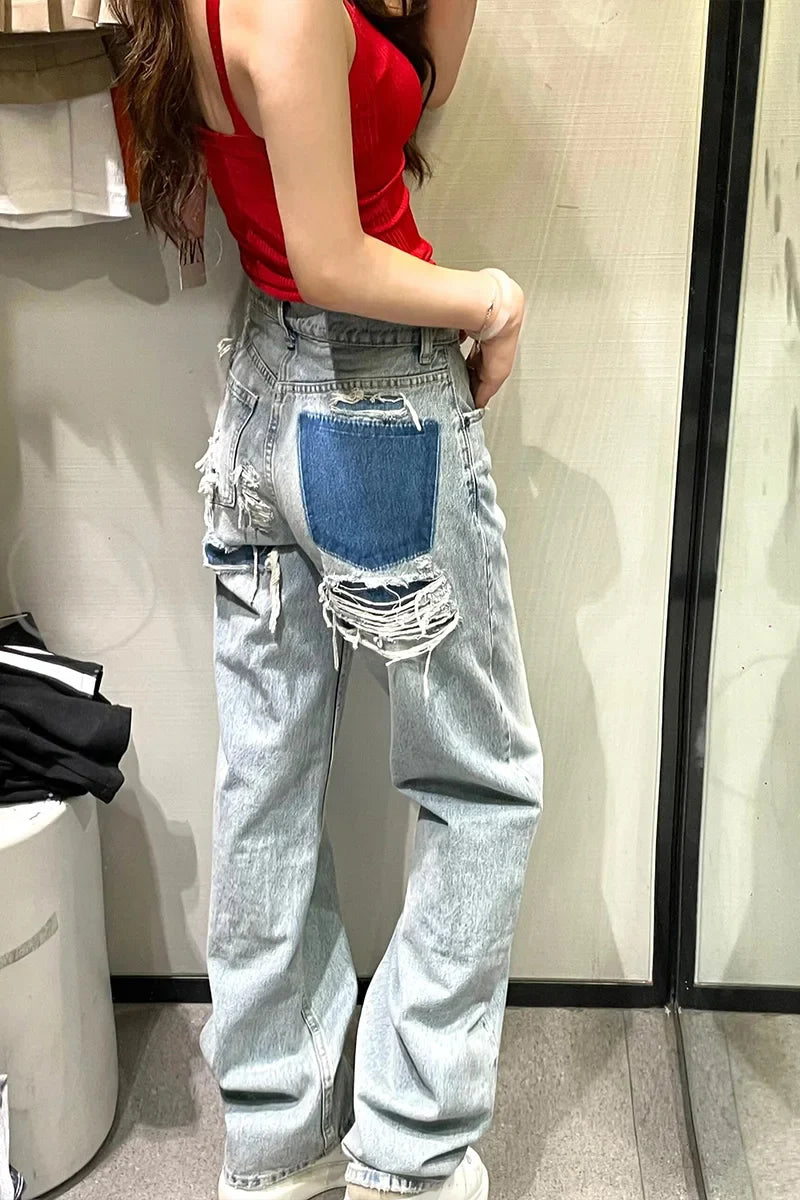 Women Retro Wide Leg Baggy Casual Denim Trouser Harajuku Patchwork Washed High Waist Loose Jeans 2024 Summer Ripped 2000s Pants