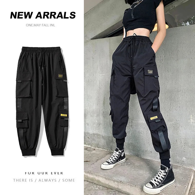 Women's Gothic Black Cargo Pants Aesthetic Harajuku Bandage Goth Pant Y2K Streetwear Vintage Punk Wide Leg Baggy Trousers