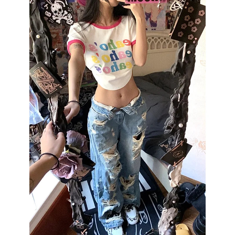 Deeptown Y2k Baggy Ripped Jeans Women Low Rise Gyaru Wide Denim Pants Daddies Streetwear Grunge Hippie Korean Fashion Trousers