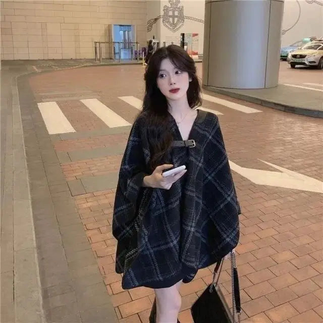 Black Mid-length Plaid Coat Women Autumn And Winter Loose And Versatile Cape Elegant Shawl Casual Coat Korean Women Clothing