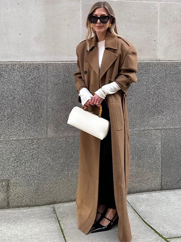 Lapel Collar Wool Blends Long Overcoat Women Double Breasted Pocket Loose Warm Coat 2024 Lady Chic Street Commuter Outwear