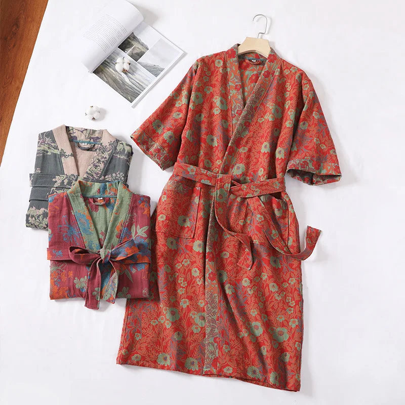 Couple's Dressing Gowns Vintage Print Loungewear Double Layer of Cotton Bathrobes Women's Pajamas Absorb Water and Dry Quickly