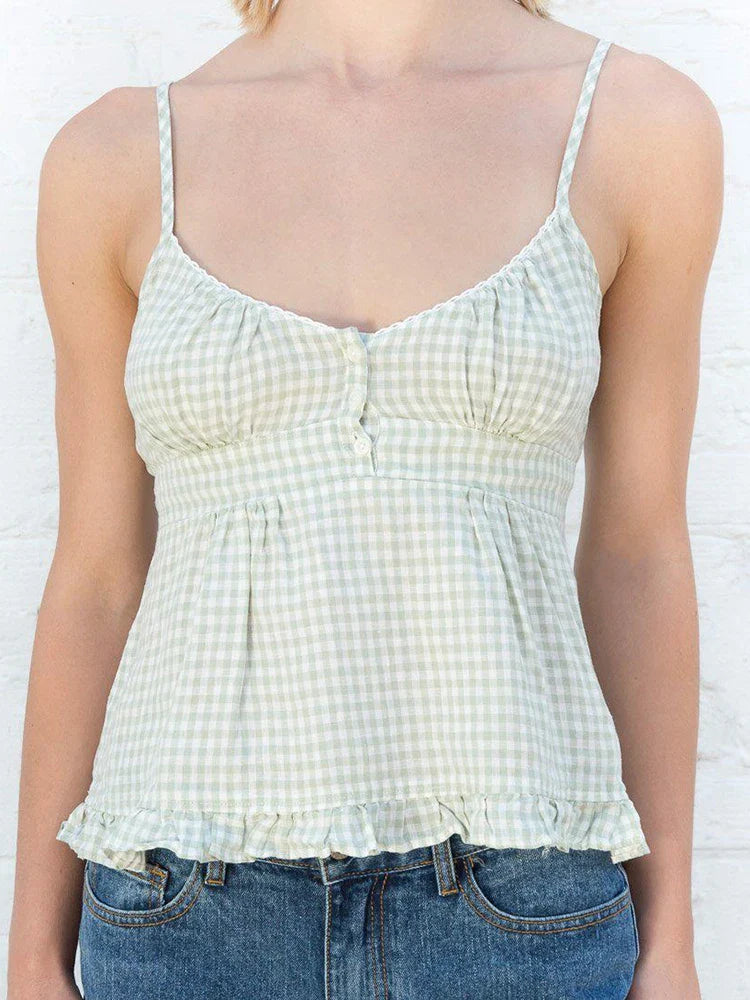 Vintage Green Plaid Ruffle Tank Tops Women Casual Summer Sleeveless Cotton Button Camis Female Cute Sweet Slim Y2k Crop Top 2023