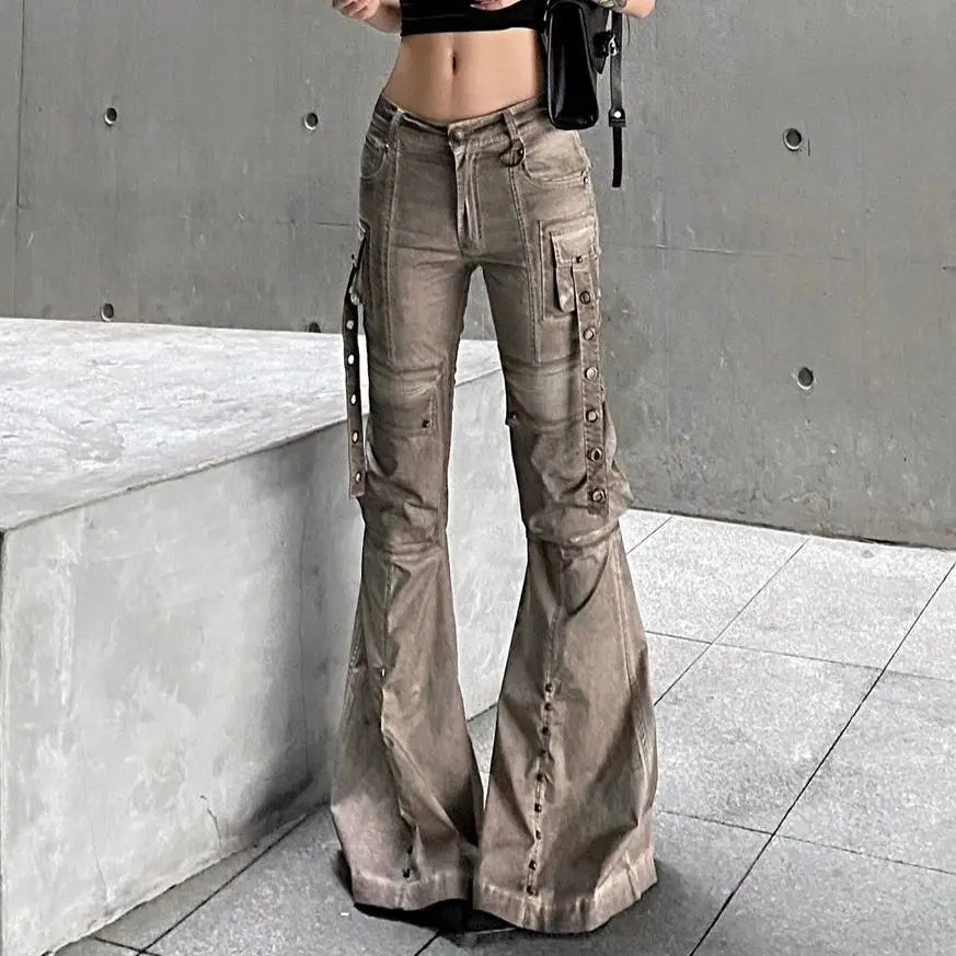 Washed Brown Utility Bootcut Jeans for Women American Style Street Pocket Wide Leg Pants Harajuku Style Y2k Casual Trousers