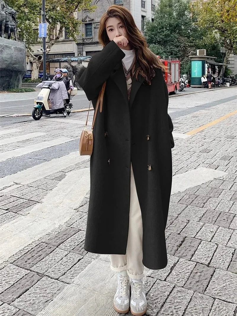 Pink Woolen Coat Women's Mid length 2023 Autumn/Winter New Korean Version Loose and Versatile Hepburn Style Small Woolen Coat