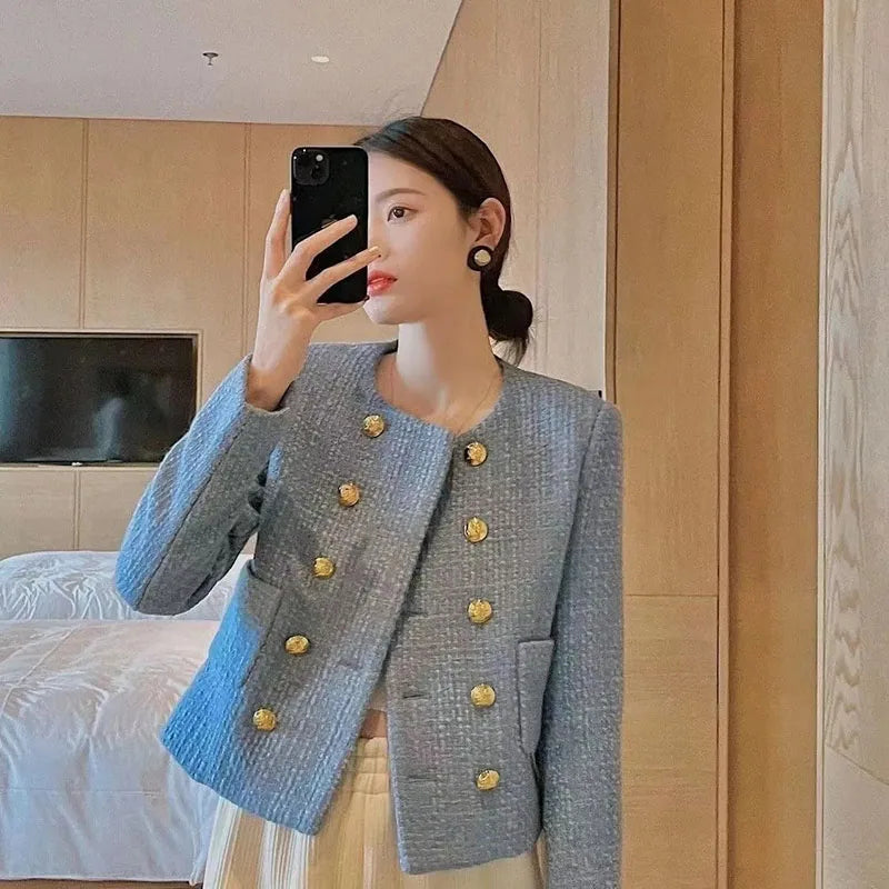 Lucyever Blue Double-Breasted Short Coat Woman Korean Fashion Long Sleeve Office Lady Tweed Jacket Elegant Street Wear Clothing