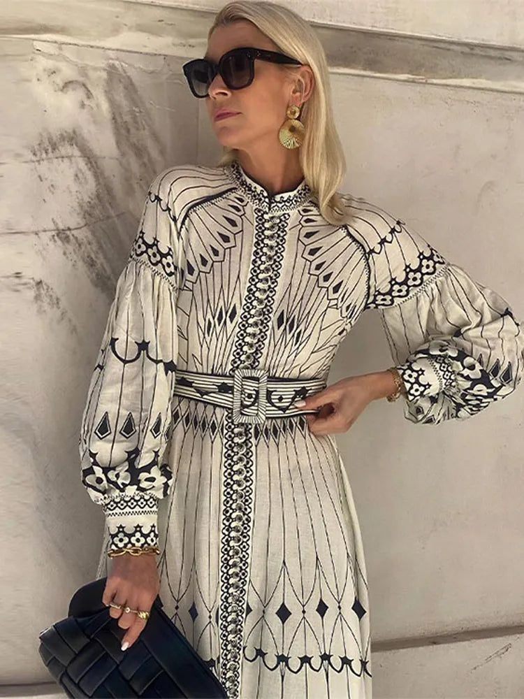 Women Elegant Ink Style Print Midi Dress With Belt Lantern Long Sleeve O-neck Dresses 2024 Chic Lady Casual Vacation Vestidos