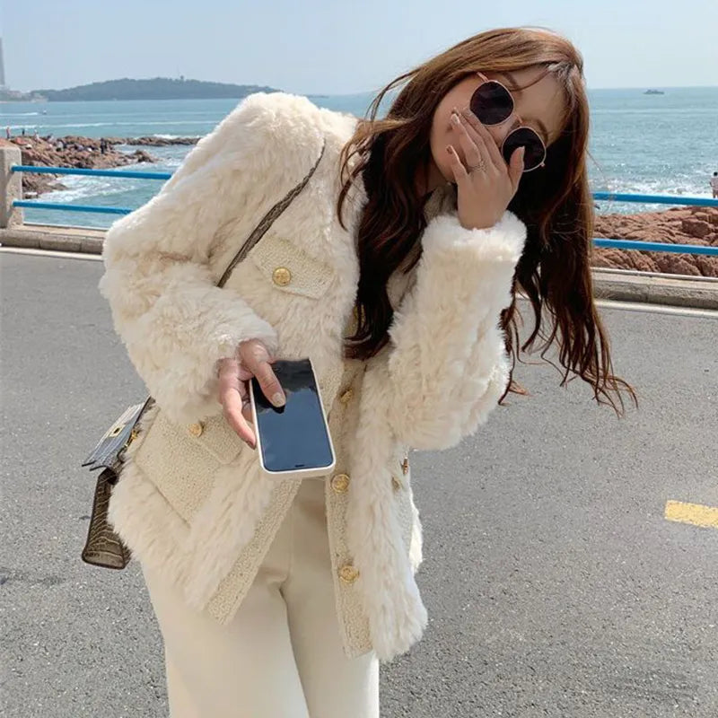 Lucyever Autumn Winter Women's Lamb Wool Jacket Korean Style Streetwear O-Neck Faux Fur Coat Woman Warm Thick Furry Fluffy Coat