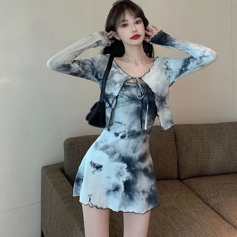 warmmeta-2pcs Set Autumn  Tie-dye Design Sense Tube Top Dress Women Fashion Cardigan Top Two-piece Suit