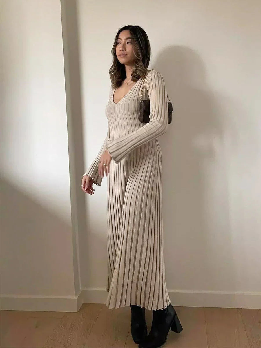 Picsgirl Autumn Pit Striped Knitted Slim Long Dresses Women  New Long Sleeve Street Fashion O-neck Maxi Dress Elegant Vintage Dresses