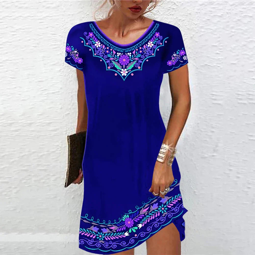 WARMMETA Vintage Elegant Ethnic Dress for Women 2024 Summer Loose Bohemian Beach Midi Dress Casual Female Clothing Pullover Skirt