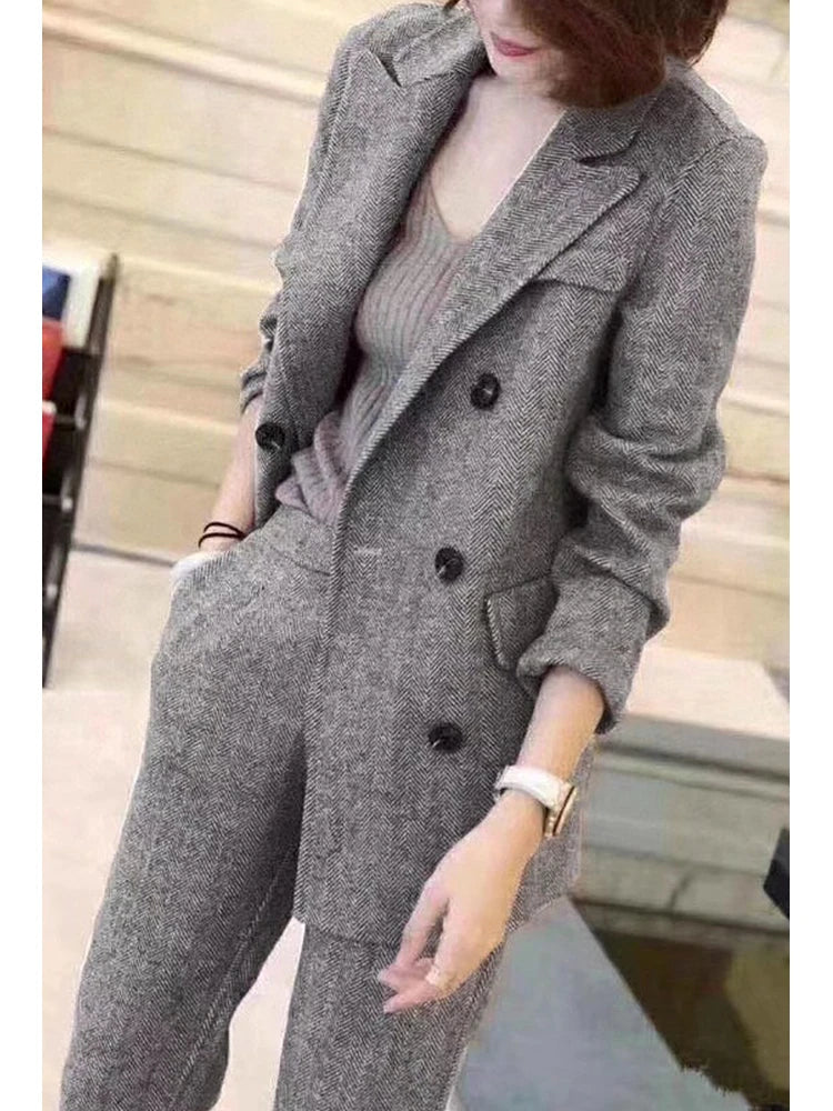 Women Woolen Blazer and Pantsuits Chic Elegant Korean Fashion Trousers Outfits Autumn New Female Suit Jacket 2 Piece Sets