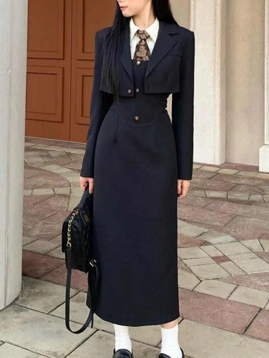 British Style 3 Piece Dress Set Women Long Sleeve Sweet Coat + White Shirt + Long Slim Skirt Winter Elegant Casual Black Suit