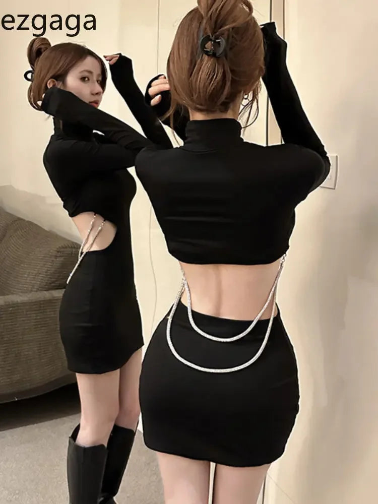 WARMMETA Hollow Out Sexy Dresses Women Chain Backless Long Sleeve Half High Collar Black Slim Stretch Elegant Party Dress Ladies