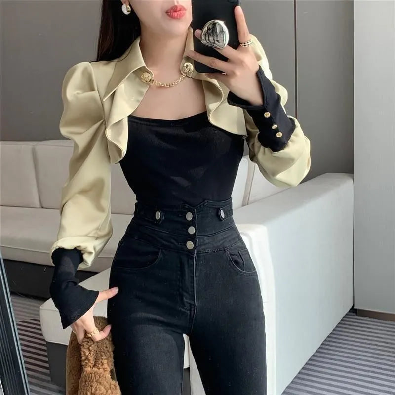 Office Lady Solid Color Patchwork Shirt Slim Fake Two Pieces Spring Autumn Women's Clothing Korean Fashion Button Chain Blouse